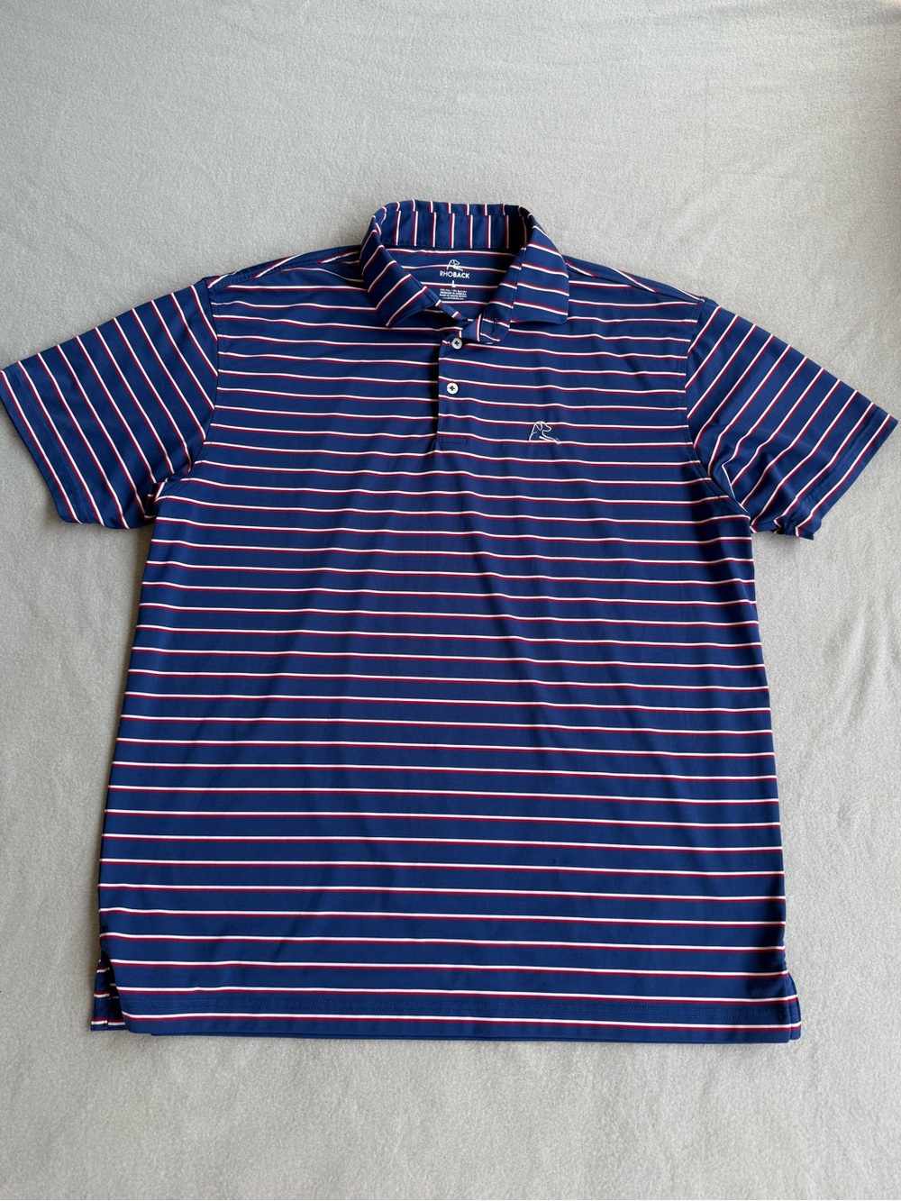 Rhoback Polo Shirt Mens Large The Old Glory Stripe Navy Red White USA Flag Golf